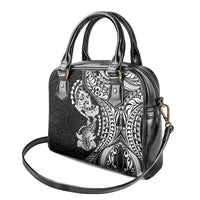 Hawaiian Manta Ray and Hammerhead Shark Tribal Tattoo Shoulder Handbag with Polynesian Tribal Pattern Black-White Color