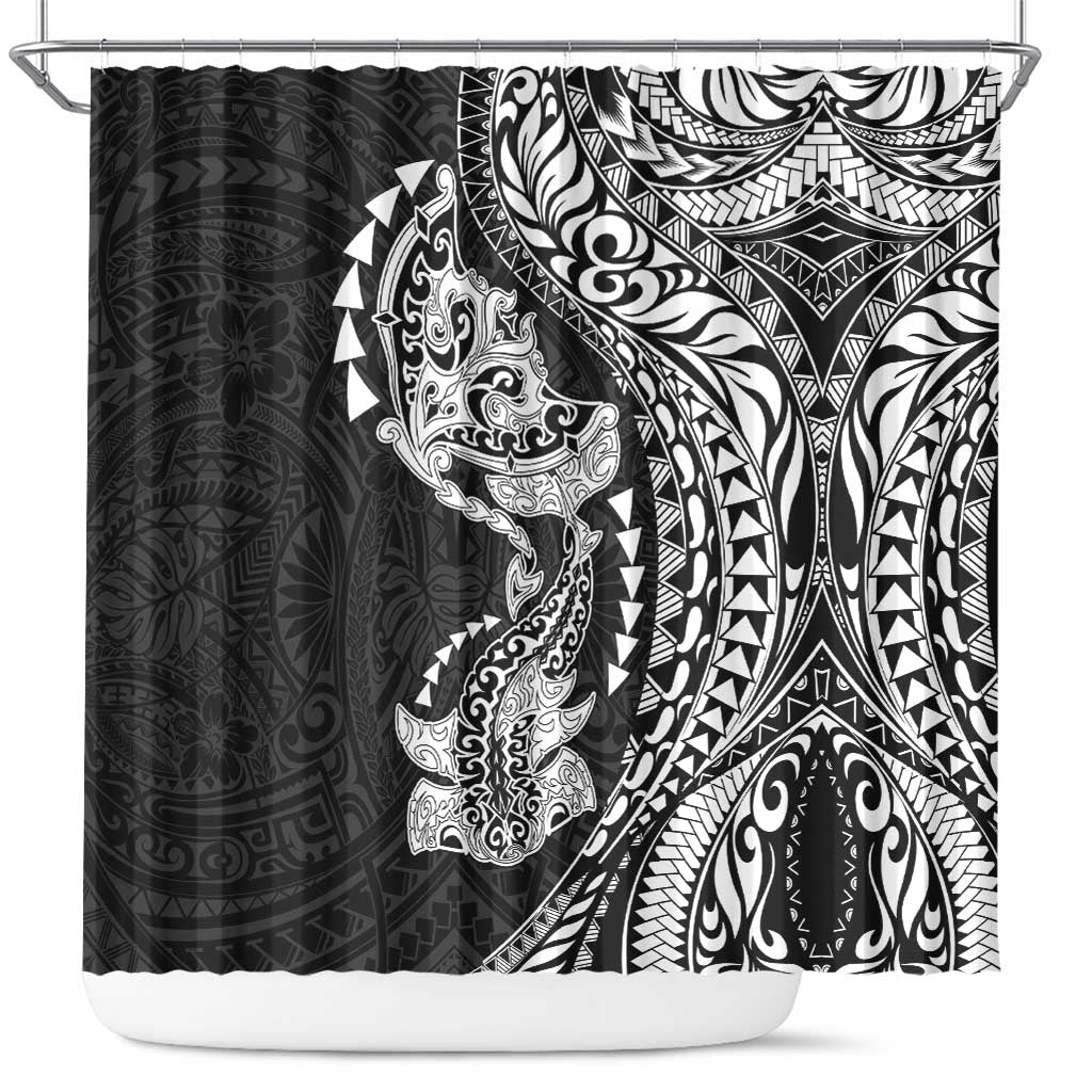 Hawaiian Manta Ray and Hammerhead Shark Tribal Tattoo Shower Curtain with Polynesian Tribal Pattern Black-White Color