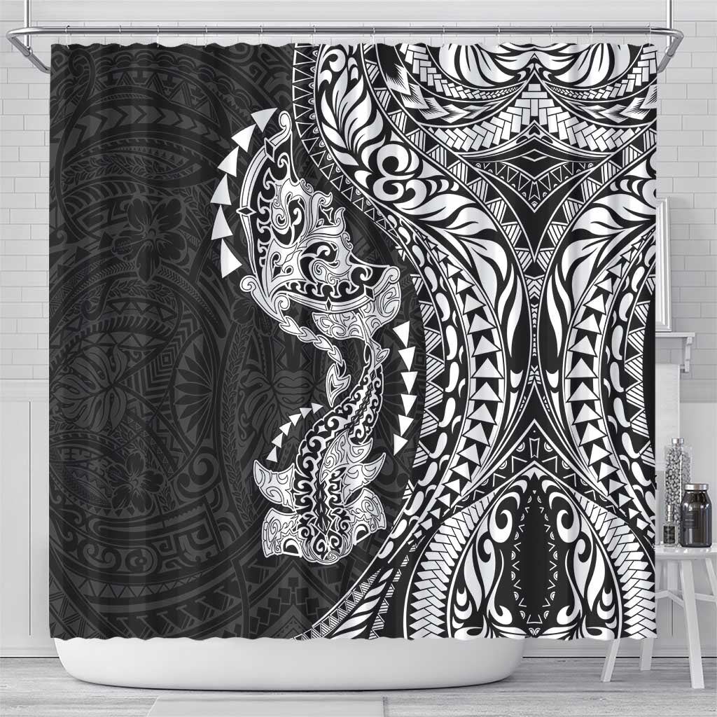Hawaiian Manta Ray and Hammerhead Shark Tribal Tattoo Shower Curtain with Polynesian Tribal Pattern Black-White Color