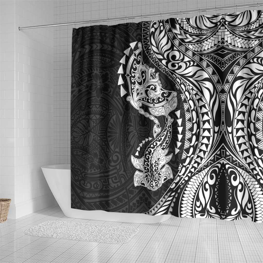 Hawaiian Manta Ray and Hammerhead Shark Tribal Tattoo Shower Curtain with Polynesian Tribal Pattern Black-White Color