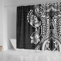 Hawaiian Manta Ray and Hammerhead Shark Tribal Tattoo Shower Curtain with Polynesian Tribal Pattern Black-White Color