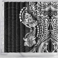 Hawaiian Manta Ray and Hammerhead Shark Tribal Tattoo Shower Curtain with Polynesian Tribal Pattern Black-White Color