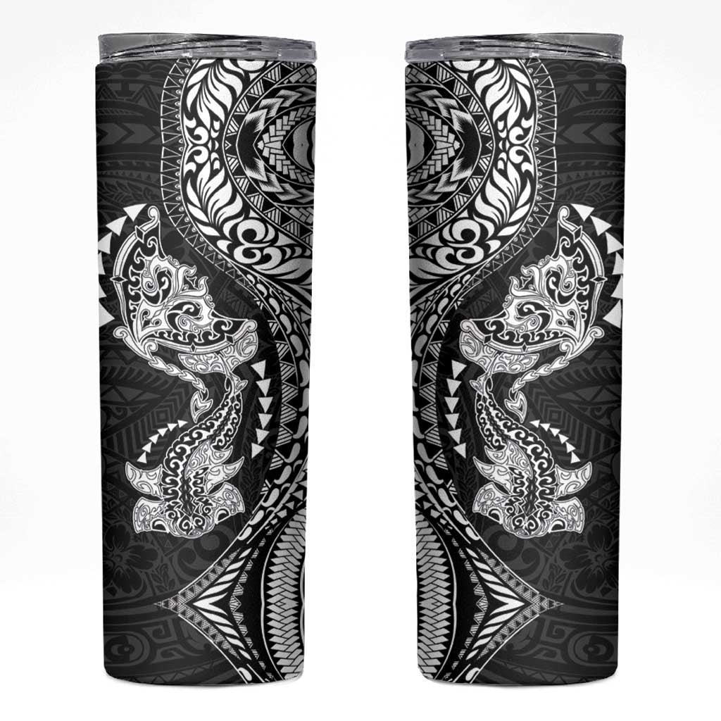 Hawaiian Manta Ray and Hammerhead Shark Tribal Tattoo Skinny Tumbler with Polynesian Tribal Pattern Black-White Color