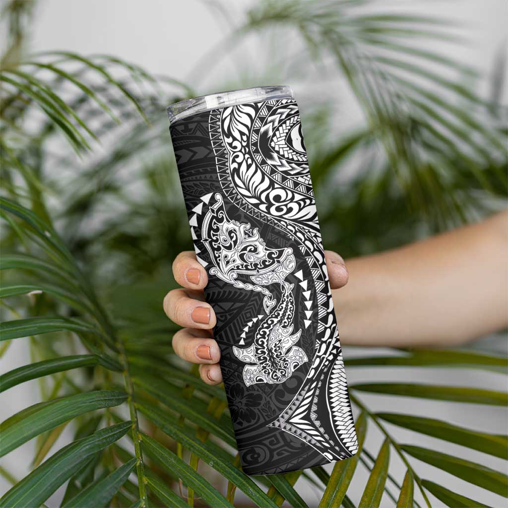 Hawaiian Manta Ray and Hammerhead Shark Tribal Tattoo Skinny Tumbler with Polynesian Tribal Pattern Black-White Color