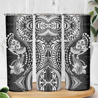 Hawaiian Manta Ray and Hammerhead Shark Tribal Tattoo Skinny Tumbler with Polynesian Tribal Pattern Black-White Color