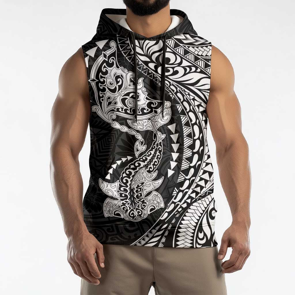 Hawaiian Manta Ray and Hammerhead Shark Tribal Tattoo Sleeveless Hoodie with Polynesian Tribal Pattern Black-White Color