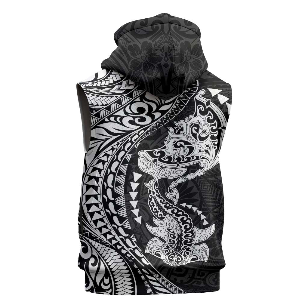 Hawaiian Manta Ray and Hammerhead Shark Tribal Tattoo Sleeveless Zip Hoodie with Polynesian Tribal Pattern Black-White Color