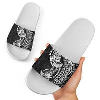 Hawaiian Manta Ray and Hammerhead Shark Tribal Tattoo Slide Sandals with Polynesian Tribal Pattern Black-White Color