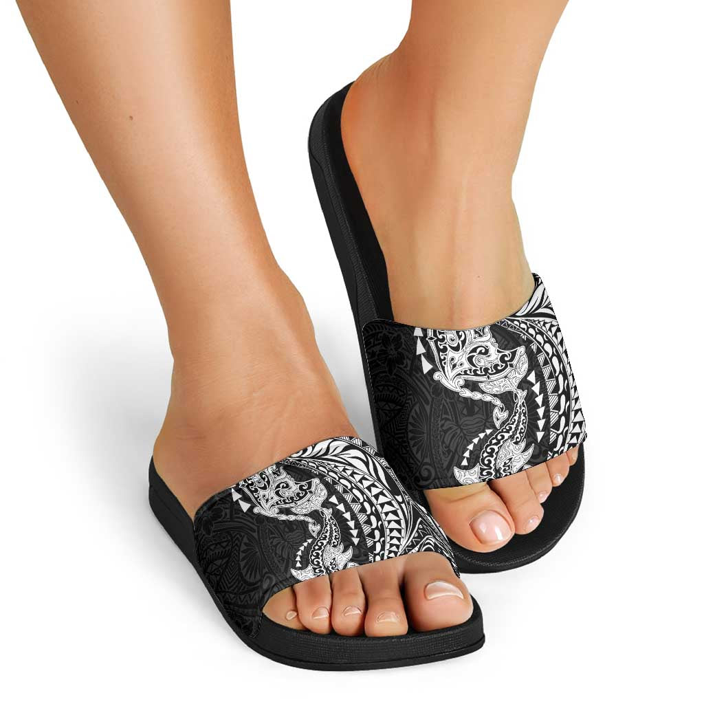 Hawaiian Manta Ray and Hammerhead Shark Tribal Tattoo Slide Sandals with Polynesian Tribal Pattern Black-White Color