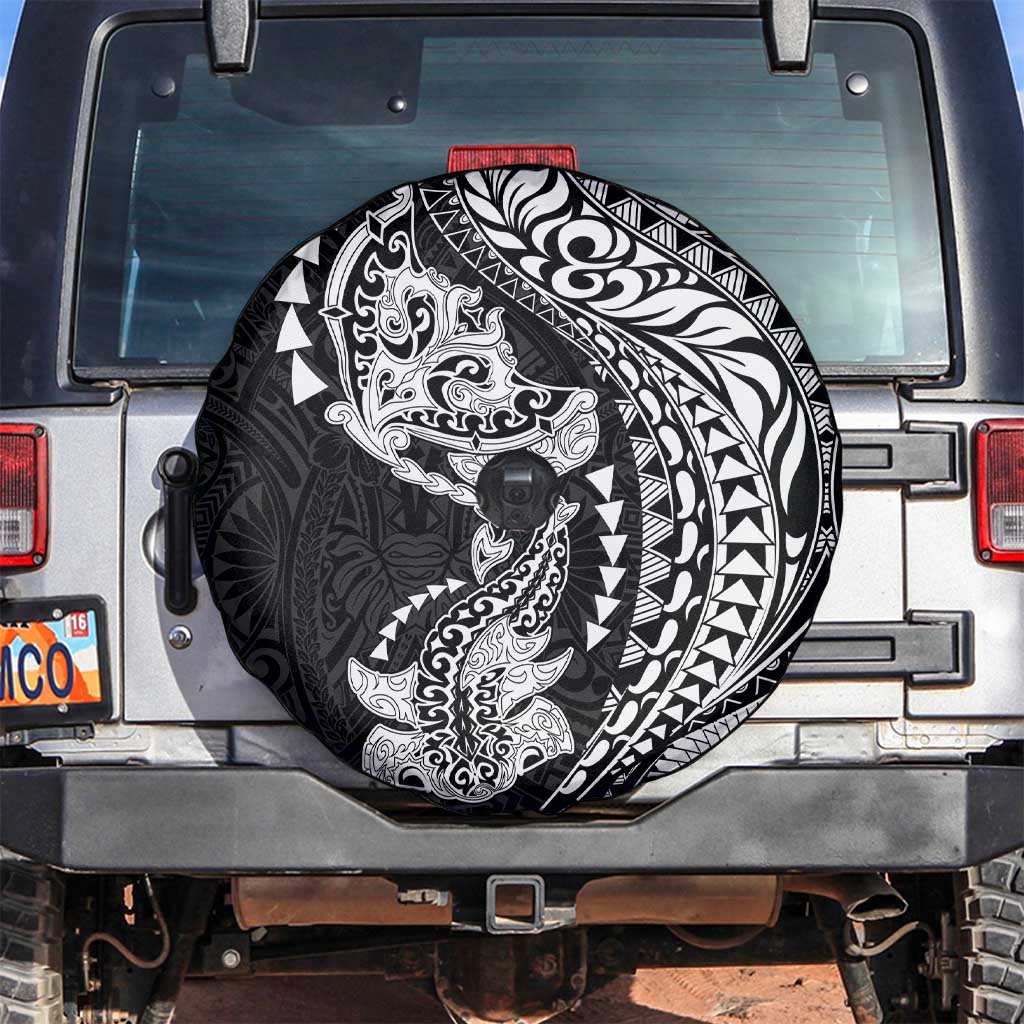 Hawaiian Manta Ray and Hammerhead Shark Tribal Tattoo Spare Tire Cover with Polynesian Tribal Pattern Black-White Color
