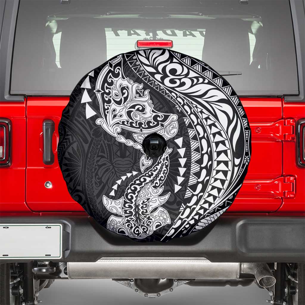 Hawaiian Manta Ray and Hammerhead Shark Tribal Tattoo Spare Tire Cover with Polynesian Tribal Pattern Black-White Color