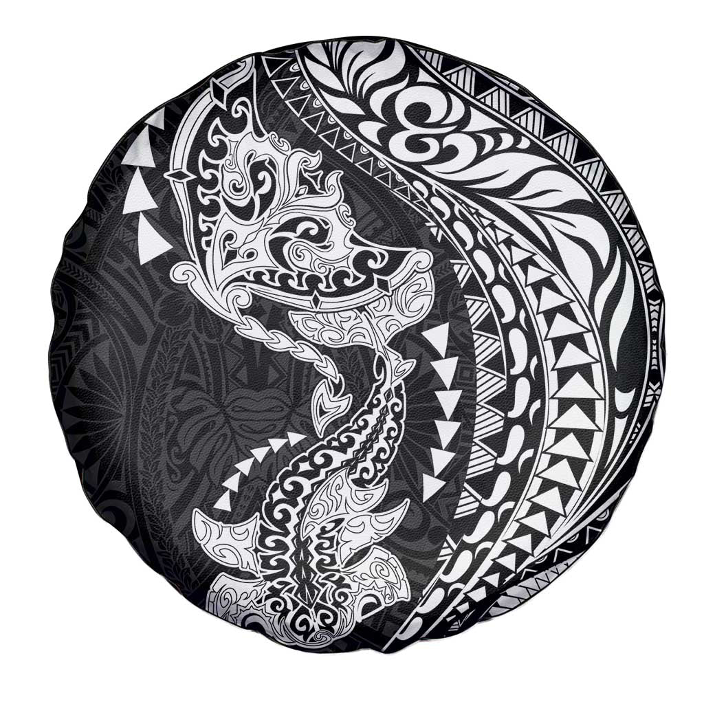 Hawaiian Manta Ray and Hammerhead Shark Tribal Tattoo Spare Tire Cover with Polynesian Tribal Pattern Black-White Color