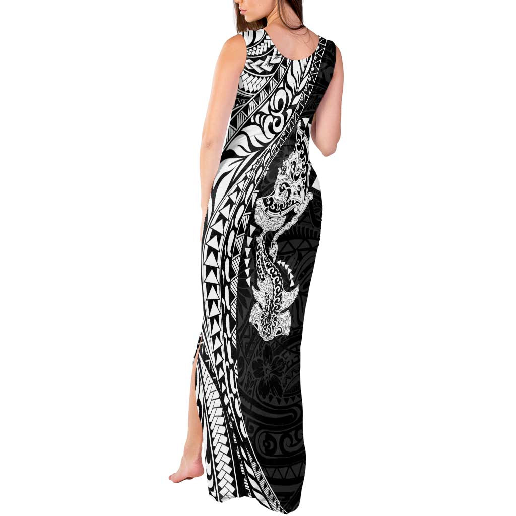 Hawaiian Manta Ray and Hammerhead Shark Tribal Tattoo Tank Maxi Dress with Polynesian Tribal Pattern Black-White Color