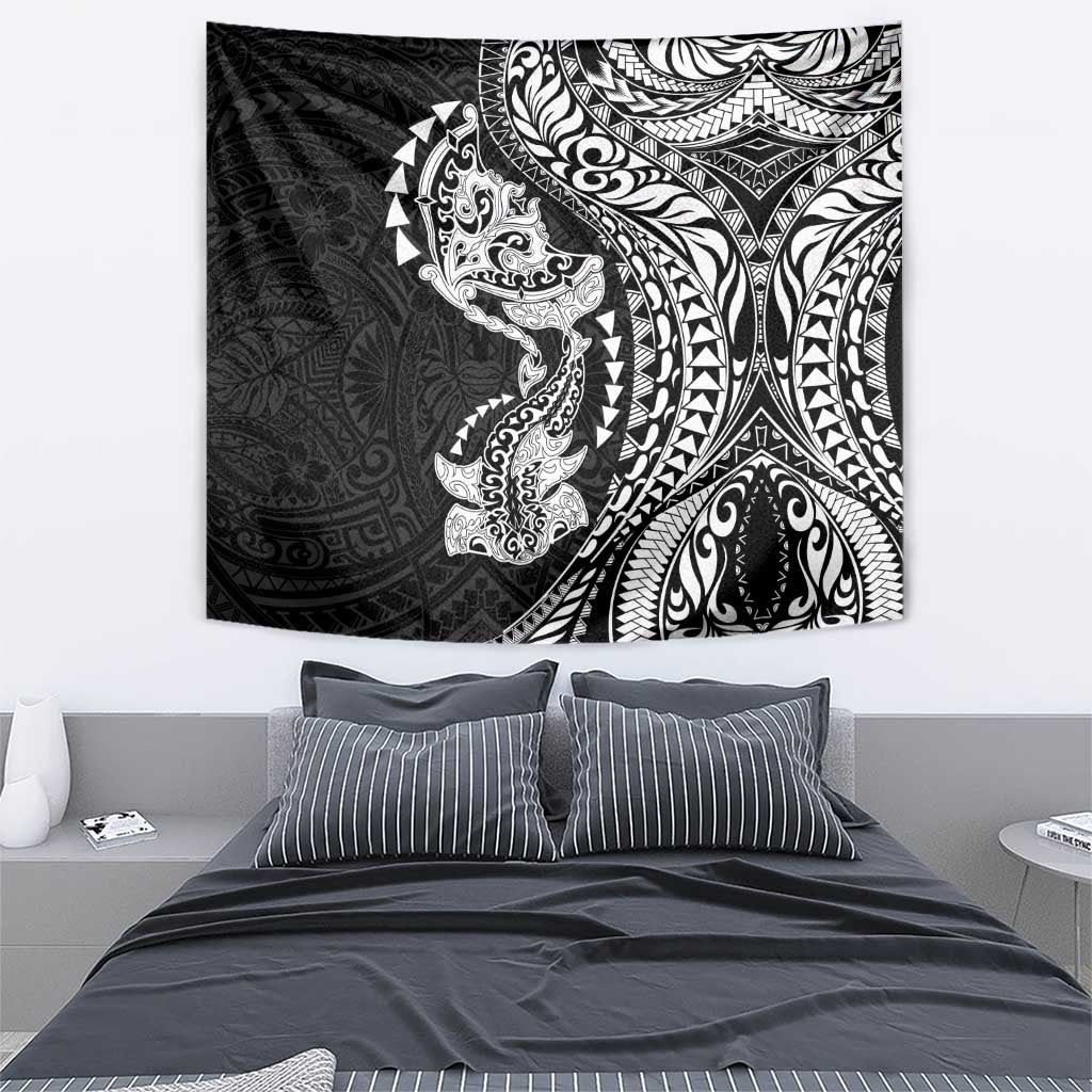 Hawaiian Manta Ray and Hammerhead Shark Tribal Tattoo Tapestry with Polynesian Tribal Pattern Black-White Color LT03 - Polynesian Pride