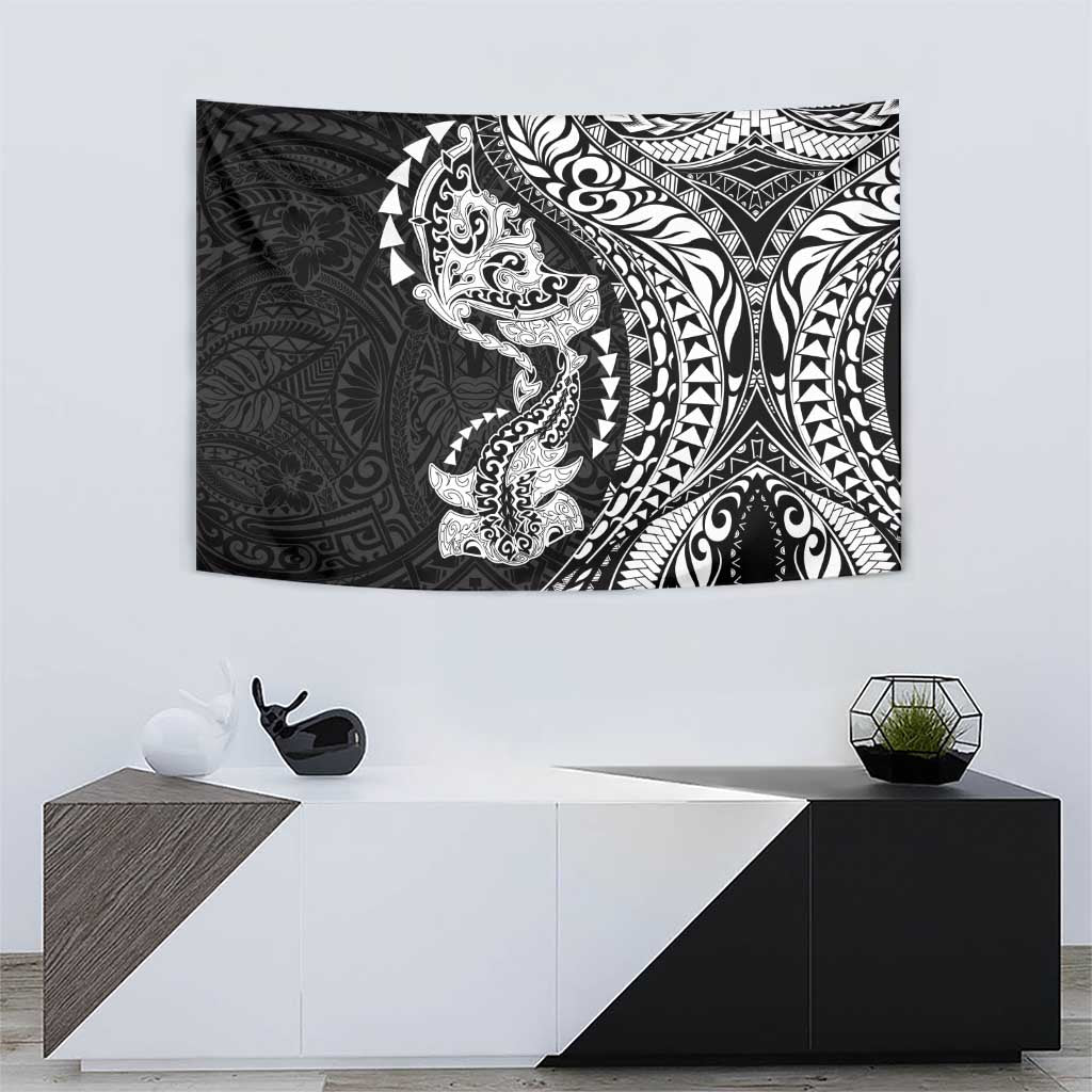 Hawaiian Manta Ray and Hammerhead Shark Tribal Tattoo Tapestry with Polynesian Tribal Pattern Black-White Color LT03 - Polynesian Pride
