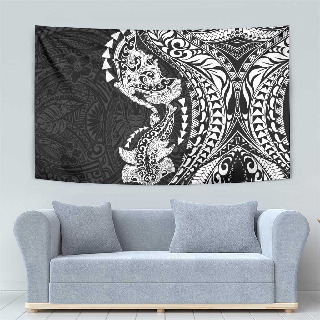 Hawaiian Manta Ray and Hammerhead Shark Tribal Tattoo Tapestry with Polynesian Tribal Pattern Black-White Color LT03 - Polynesian Pride