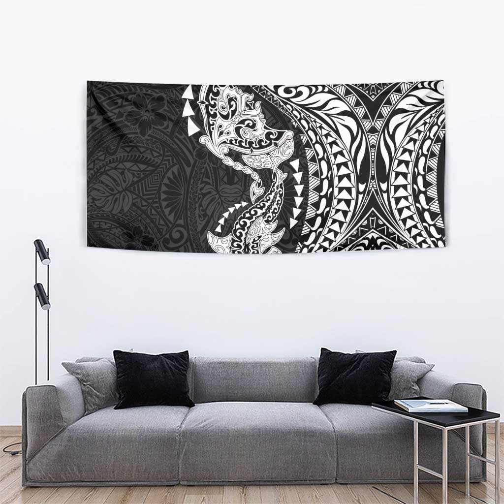 Hawaiian Manta Ray and Hammerhead Shark Tribal Tattoo Tapestry with Polynesian Tribal Pattern Black-White Color LT03 - Polynesian Pride