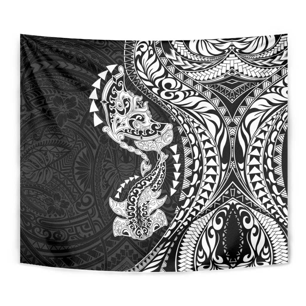 Hawaiian Manta Ray and Hammerhead Shark Tribal Tattoo Tapestry with Polynesian Tribal Pattern Black-White Color LT03 - Polynesian Pride
