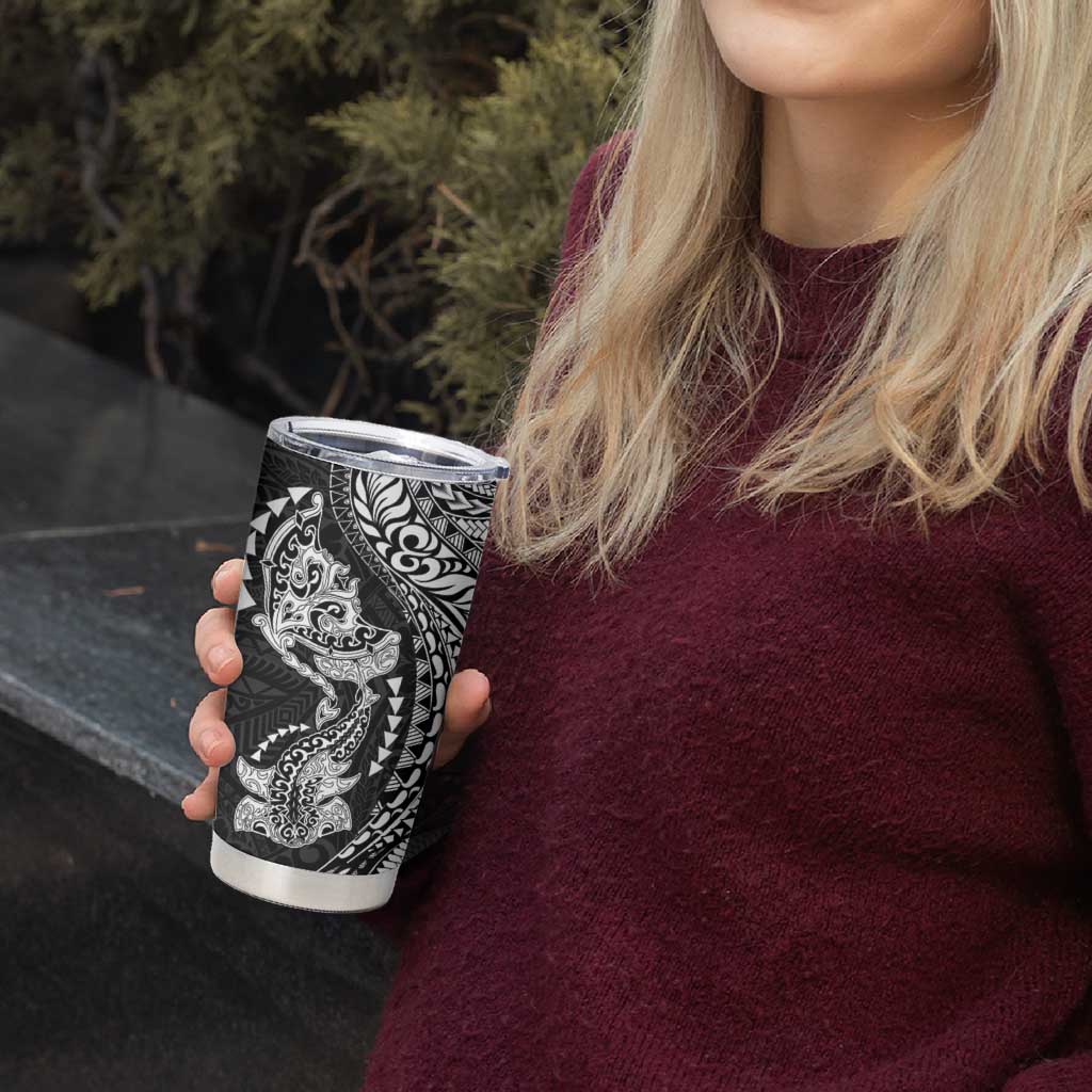Hawaiian Manta Ray and Hammerhead Shark Tribal Tattoo Tumbler Cup with Polynesian Tribal Pattern Black-White Color