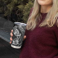 Hawaiian Manta Ray and Hammerhead Shark Tribal Tattoo Tumbler Cup with Polynesian Tribal Pattern Black-White Color