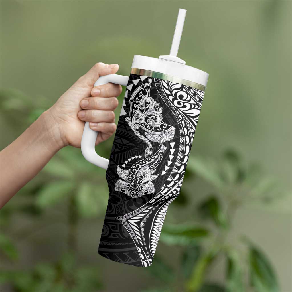 Hawaiian Manta Ray and Hammerhead Shark Tribal Tattoo Tumbler With Handle with Polynesian Tribal Pattern Black-White Color