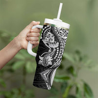 Hawaiian Manta Ray and Hammerhead Shark Tribal Tattoo Tumbler With Handle with Polynesian Tribal Pattern Black-White Color