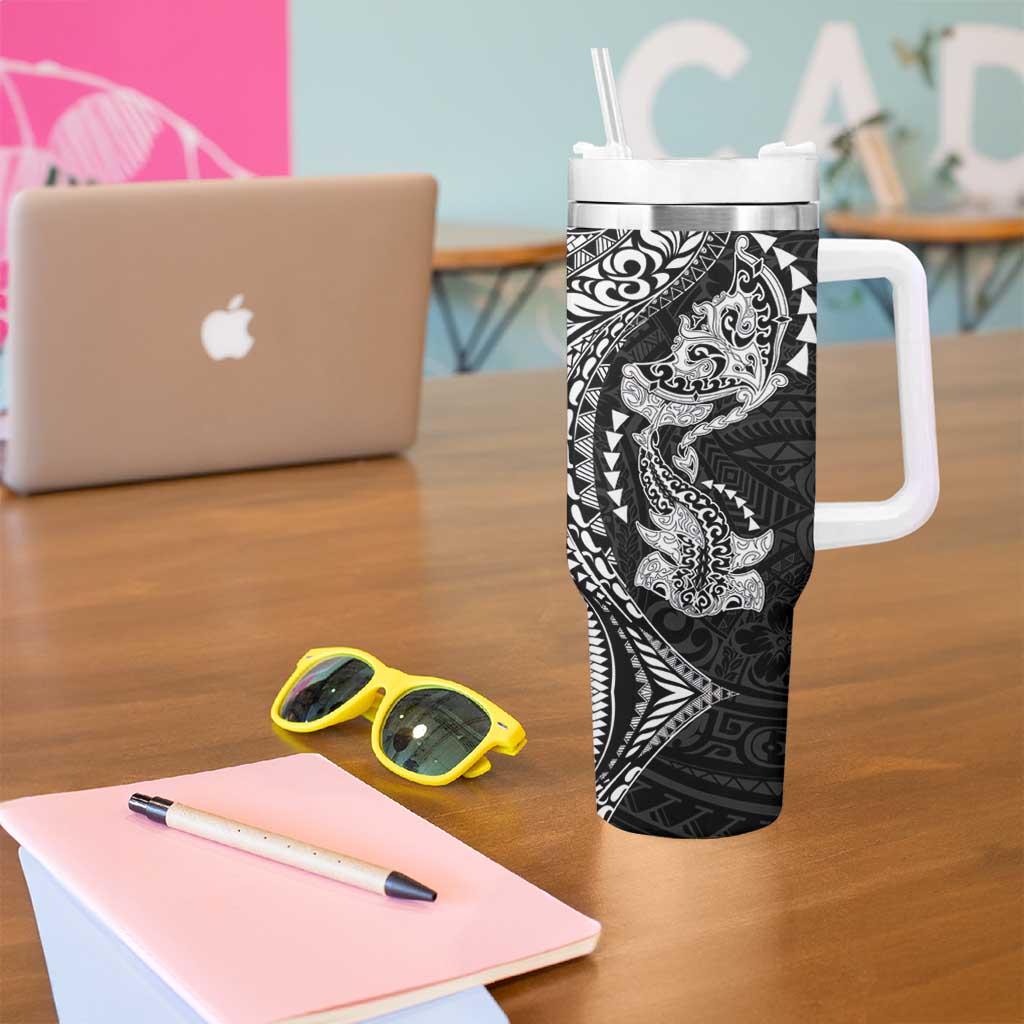 Hawaiian Manta Ray and Hammerhead Shark Tribal Tattoo Tumbler With Handle with Polynesian Tribal Pattern Black-White Color