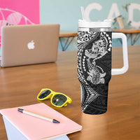 Hawaiian Manta Ray and Hammerhead Shark Tribal Tattoo Tumbler With Handle with Polynesian Tribal Pattern Black-White Color
