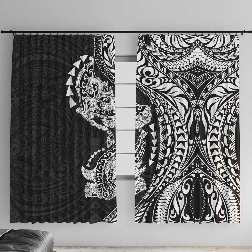 Hawaiian Manta Ray and Hammerhead Shark Tribal Tattoo Window Curtain with Polynesian Tribal Pattern Black-White Color