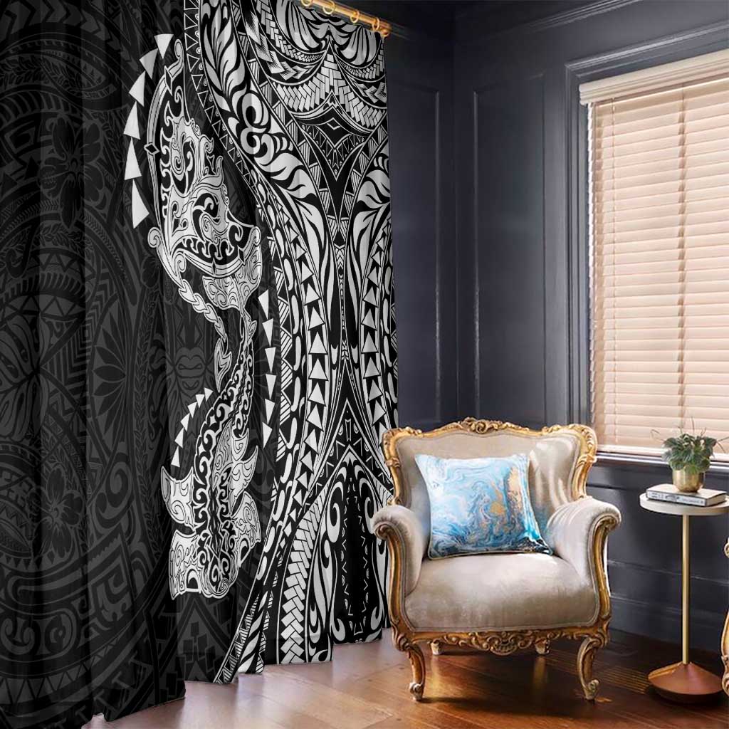 Hawaiian Manta Ray and Hammerhead Shark Tribal Tattoo Window Curtain with Polynesian Tribal Pattern Black-White Color