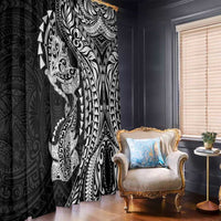 Hawaiian Manta Ray and Hammerhead Shark Tribal Tattoo Window Curtain with Polynesian Tribal Pattern Black-White Color