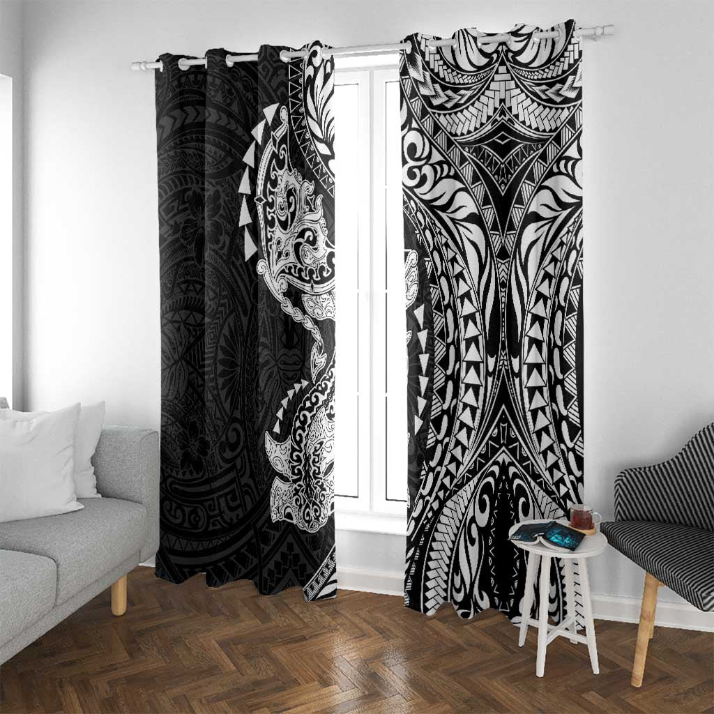 Hawaiian Manta Ray and Hammerhead Shark Tribal Tattoo Window Curtain with Polynesian Tribal Pattern Black-White Color