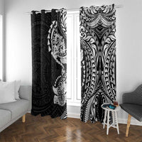 Hawaiian Manta Ray and Hammerhead Shark Tribal Tattoo Window Curtain with Polynesian Tribal Pattern Black-White Color