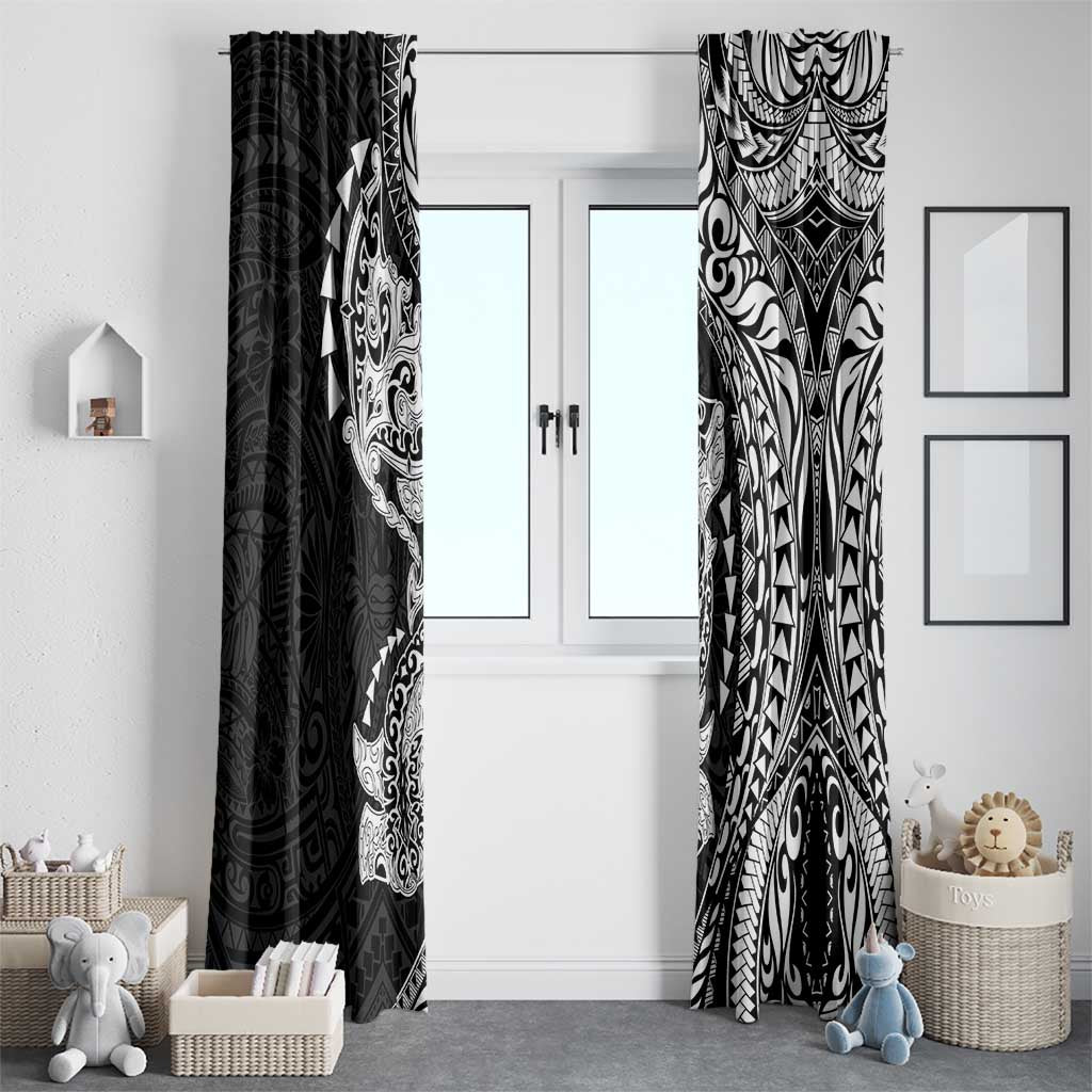 Hawaiian Manta Ray and Hammerhead Shark Tribal Tattoo Window Curtain with Polynesian Tribal Pattern Black-White Color