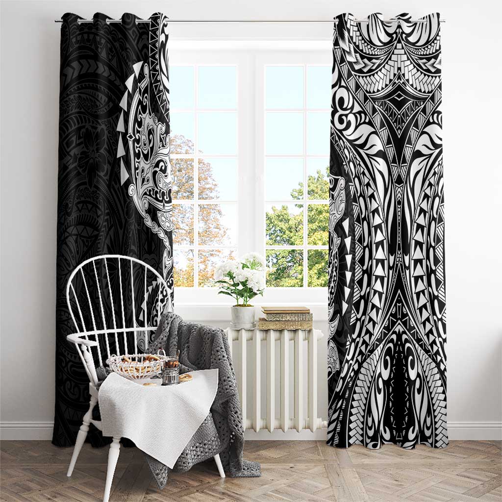 Hawaiian Manta Ray and Hammerhead Shark Tribal Tattoo Window Curtain with Polynesian Tribal Pattern Black-White Color