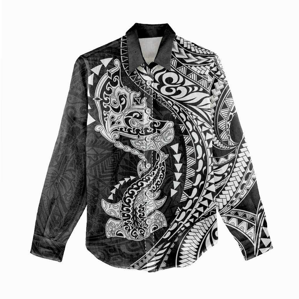 Hawaiian Manta Ray and Hammerhead Shark Tribal Tattoo Women Casual Shirt with Polynesian Tribal Pattern Black-White Color