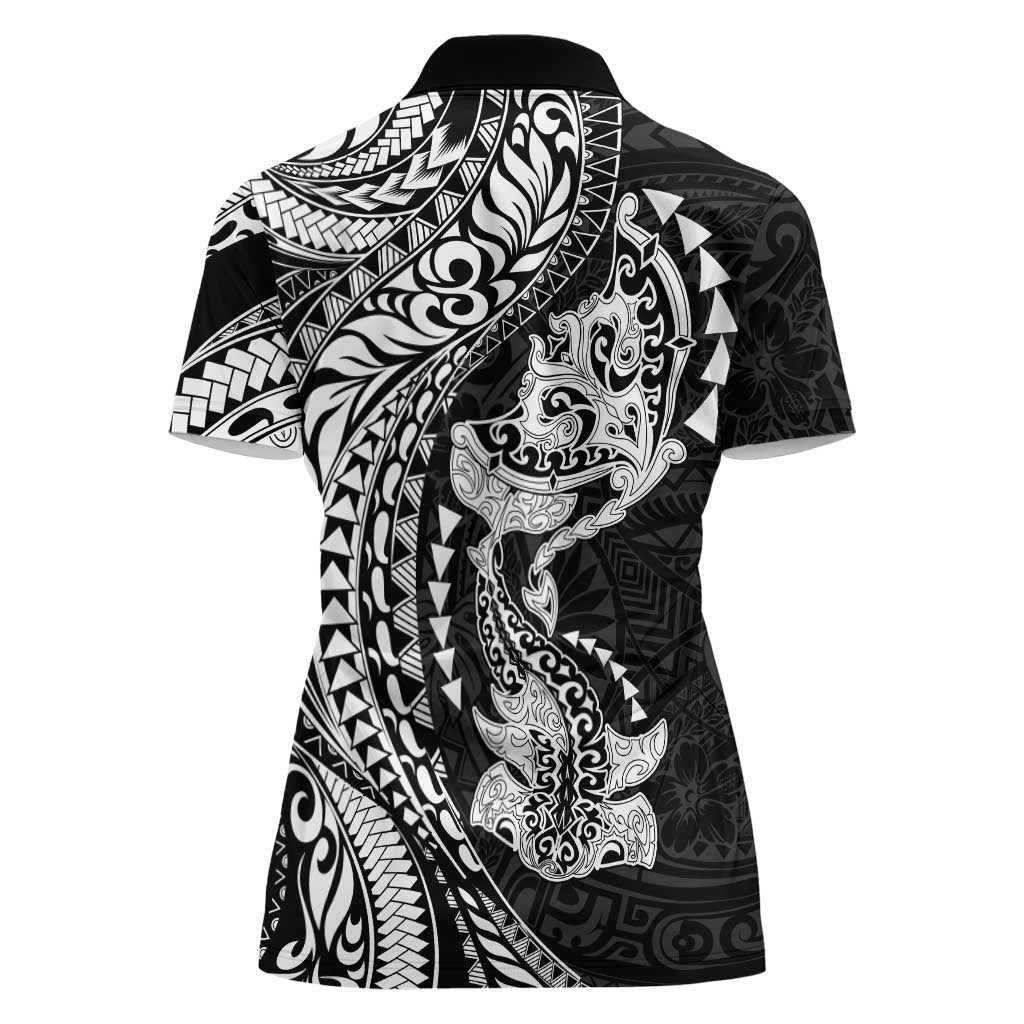 Hawaiian Manta Ray and Hammerhead Shark Tribal Tattoo Women Polo Shirt with Polynesian Tribal Pattern Black-White Color