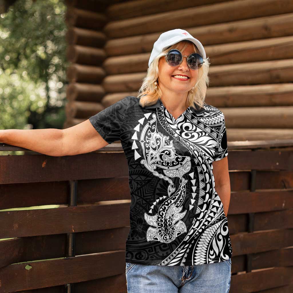 Hawaiian Manta Ray and Hammerhead Shark Tribal Tattoo Women Polo Shirt with Polynesian Tribal Pattern Black-White Color