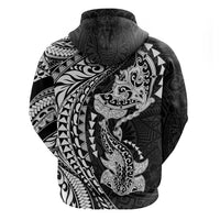 Hawaiian Manta Ray and Hammerhead Shark Tribal Tattoo Zip Hoodie with Polynesian Tribal Pattern Black-White Color