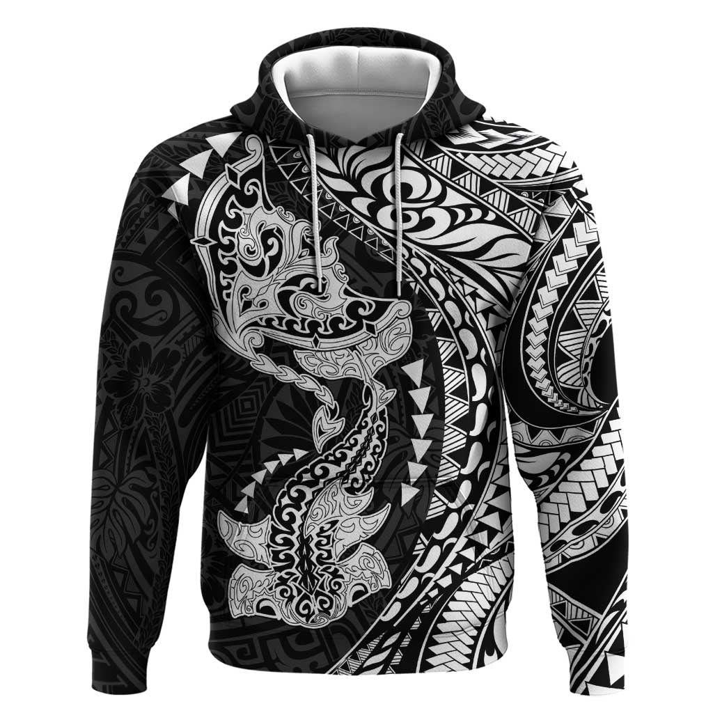 Hawaiian Manta Ray and Hammerhead Shark Tribal Tattoo Zip Hoodie with Polynesian Tribal Pattern Black-White Color