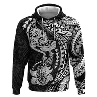 Hawaiian Manta Ray and Hammerhead Shark Tribal Tattoo Zip Hoodie with Polynesian Tribal Pattern Black-White Color