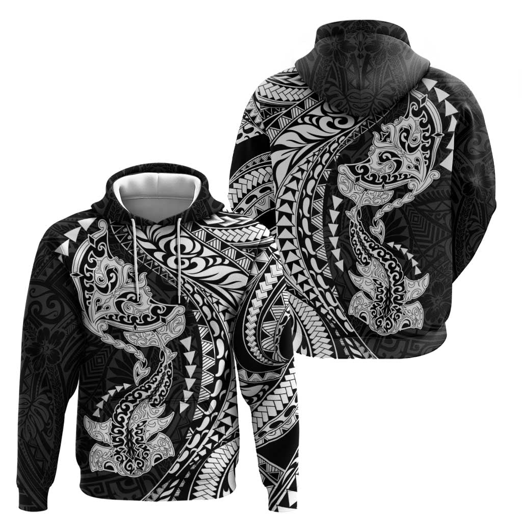 Hawaiian Manta Ray and Hammerhead Shark Tribal Tattoo Zip Hoodie with Polynesian Tribal Pattern Black-White Color