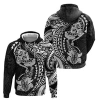 Hawaiian Manta Ray and Hammerhead Shark Tribal Tattoo Zip Hoodie with Polynesian Tribal Pattern Black-White Color