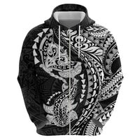 Hawaiian Manta Ray and Hammerhead Shark Tribal Tattoo Zip Hoodie with Polynesian Tribal Pattern Black-White Color