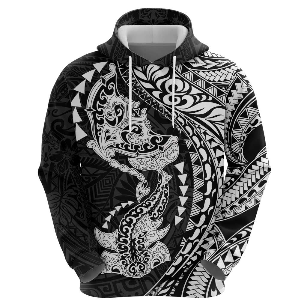 Hawaiian Manta Ray and Hammerhead Shark Tribal Tattoo Zip Hoodie with Polynesian Tribal Pattern Black-White Color