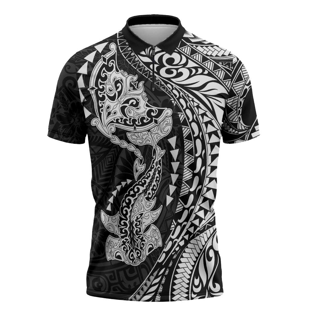 Hawaiian Manta Ray and Hammerhead Shark Tribal Tattoo Zipper Polo Shirt with Polynesian Tribal Pattern Black-White Color