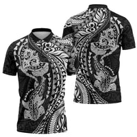 Hawaiian Manta Ray and Hammerhead Shark Tribal Tattoo Zipper Polo Shirt with Polynesian Tribal Pattern Black-White Color