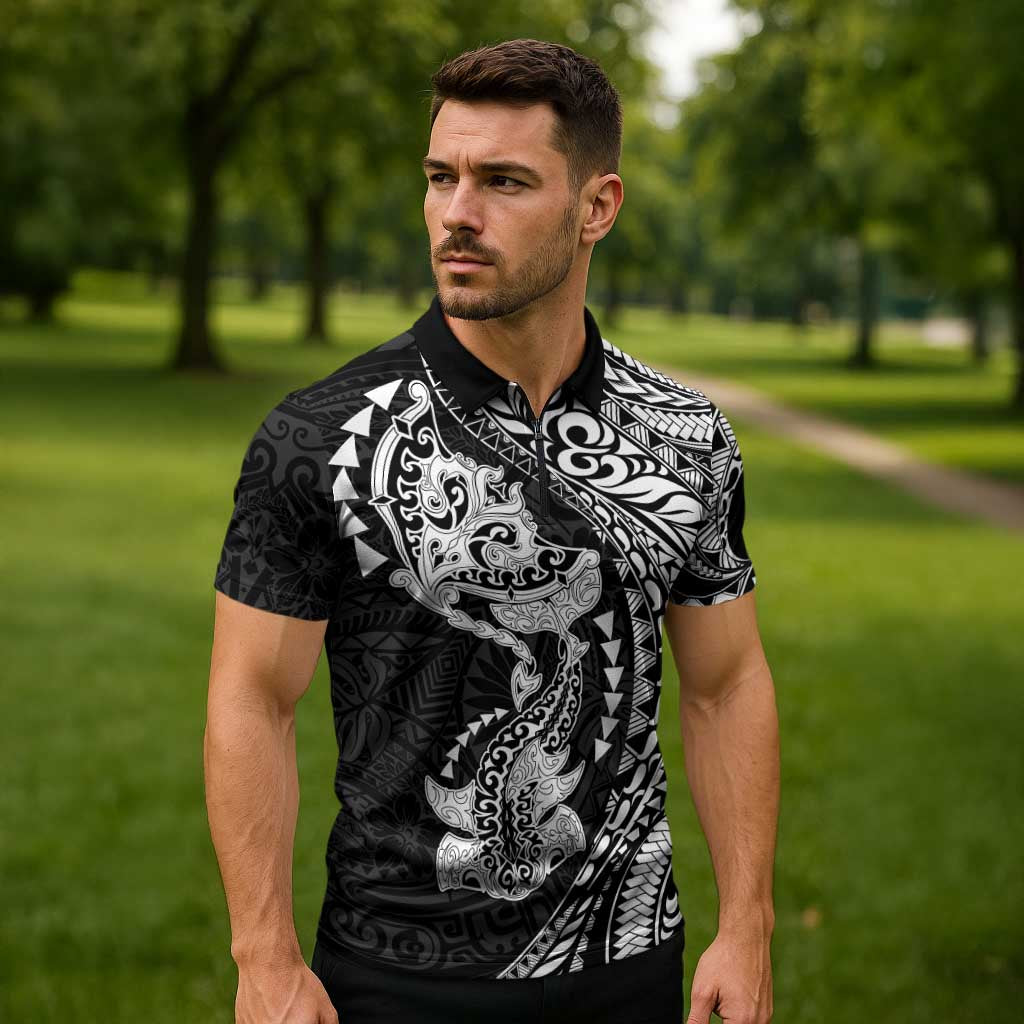Hawaiian Manta Ray and Hammerhead Shark Tribal Tattoo Zipper Polo Shirt with Polynesian Tribal Pattern Black-White Color