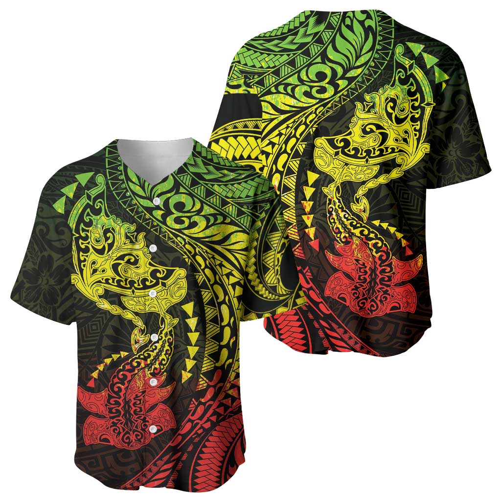 Hawaiian Manta Ray and Hammerhead Shark Tribal Tattoo Baseball Jersey with Polynesian Tribal Pattern Reggae Style