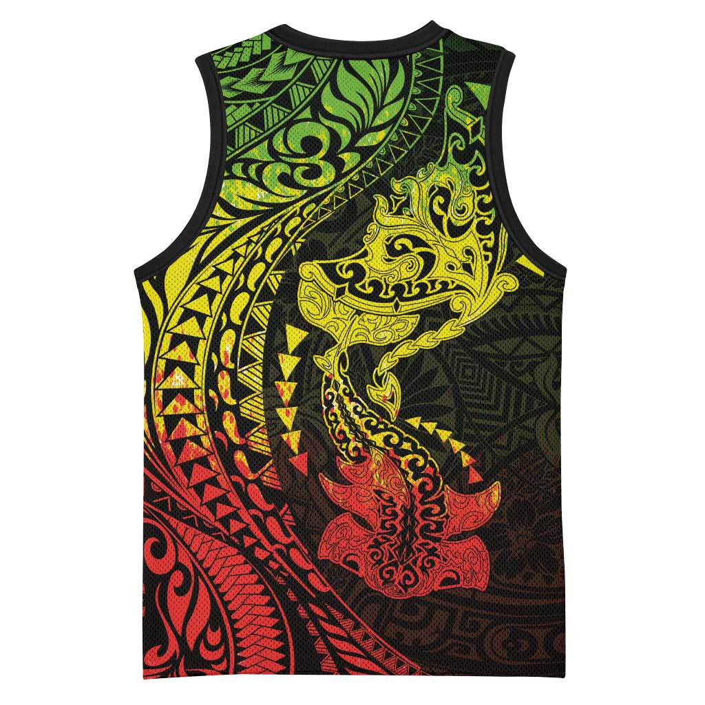 Hawaiian Manta Ray and Hammerhead Shark Tribal Tattoo Basketball Jersey with Polynesian Tribal Pattern Reggae Style LT03 - Polynesian Pride